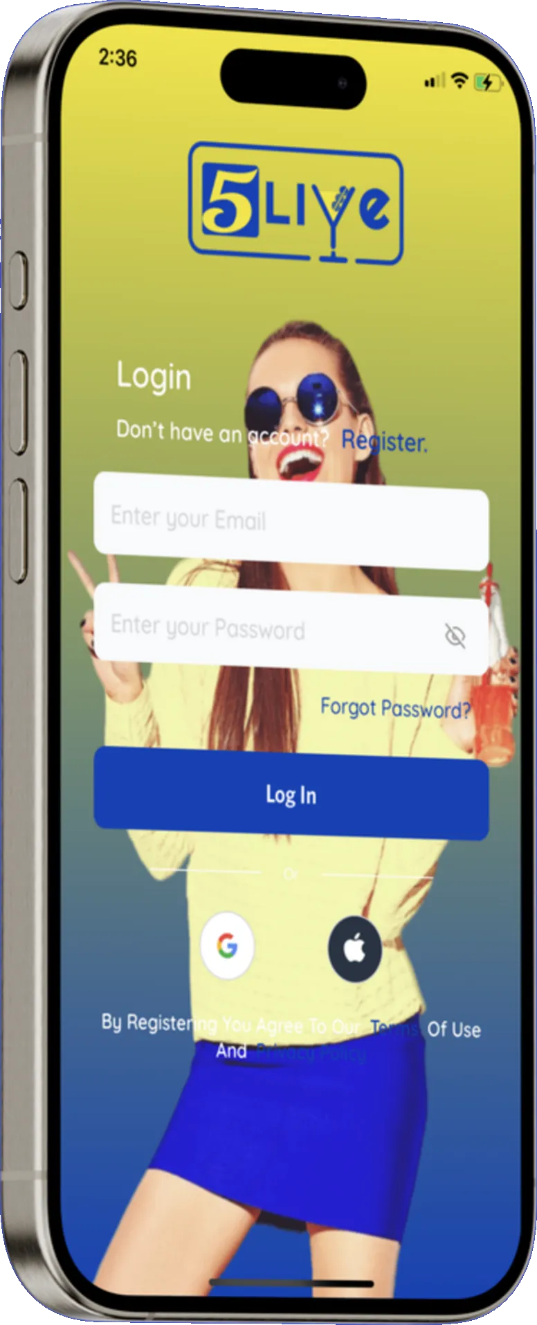 Login screen with Google and Apple one-tap sign-in