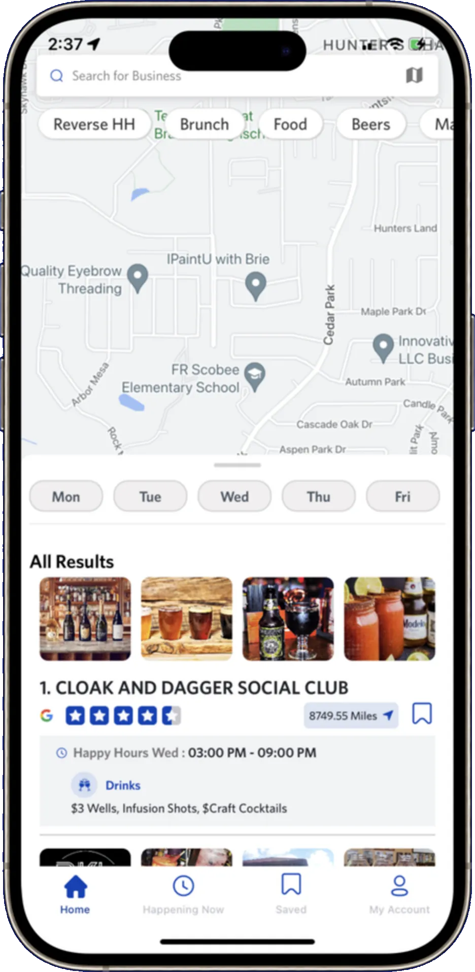 Map view with filter chips and nearby results list