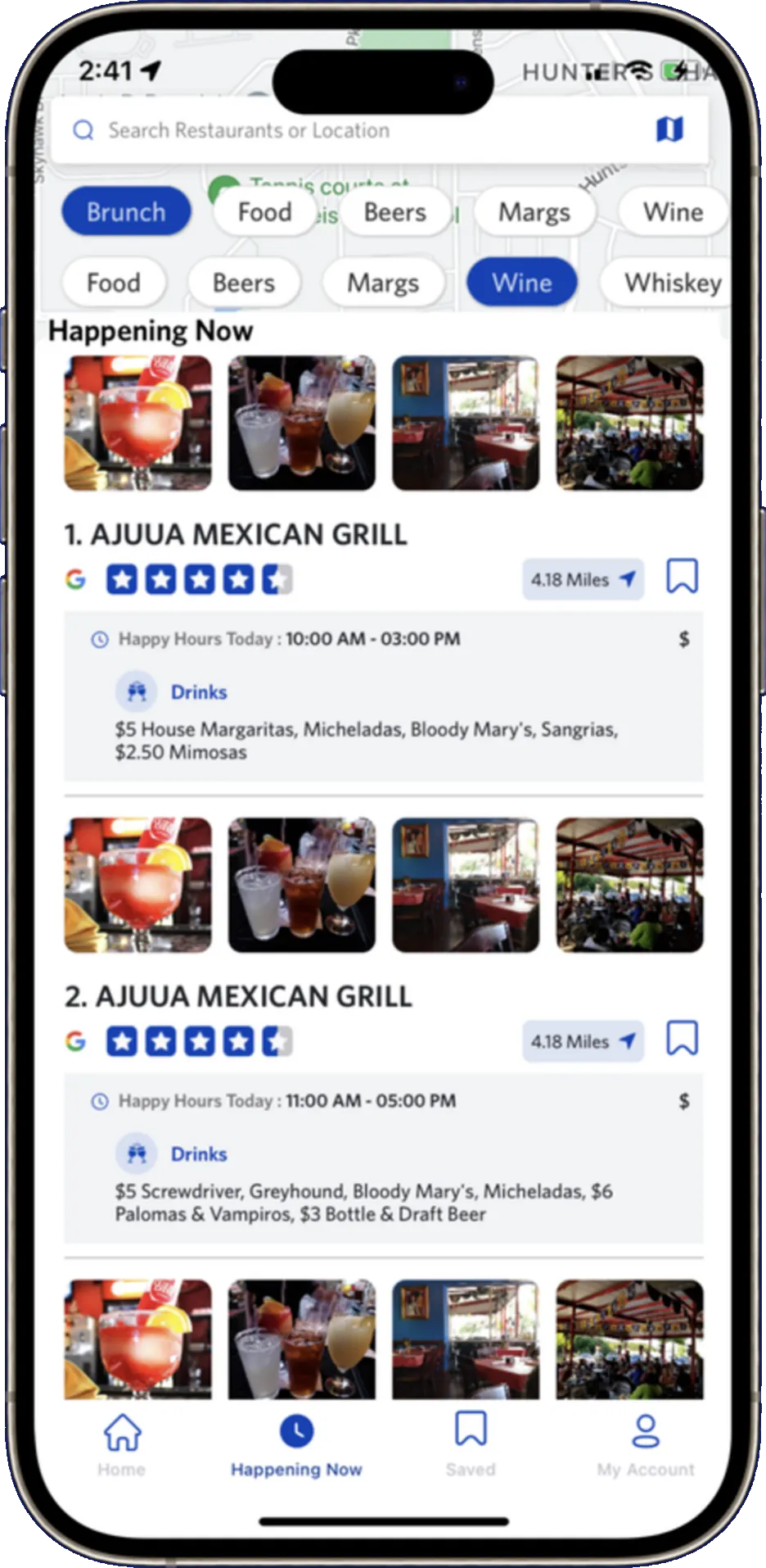 Happening Now feed showing venues with live happy hours and drink specials