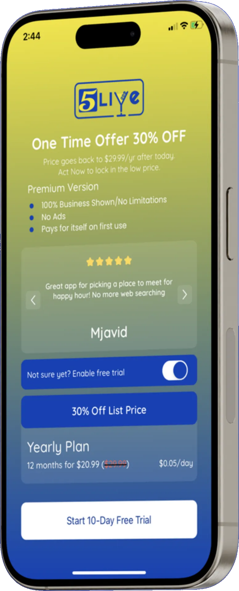 Freemium paywall with 10-day trial and yearly plan