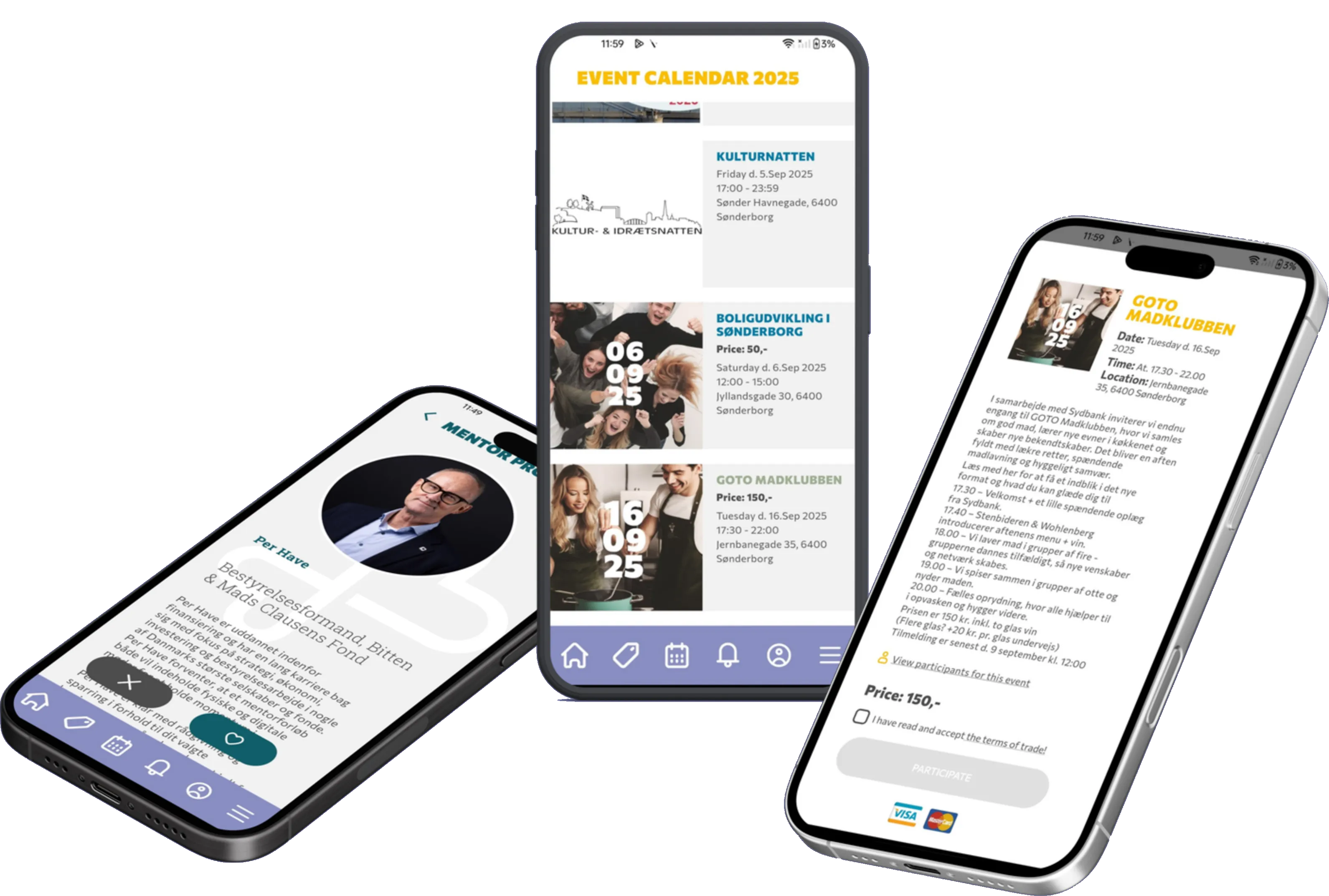 GOTO Sønderborg / ComeUnity - three iPhones showing event calendar, event detail, and mentor profile