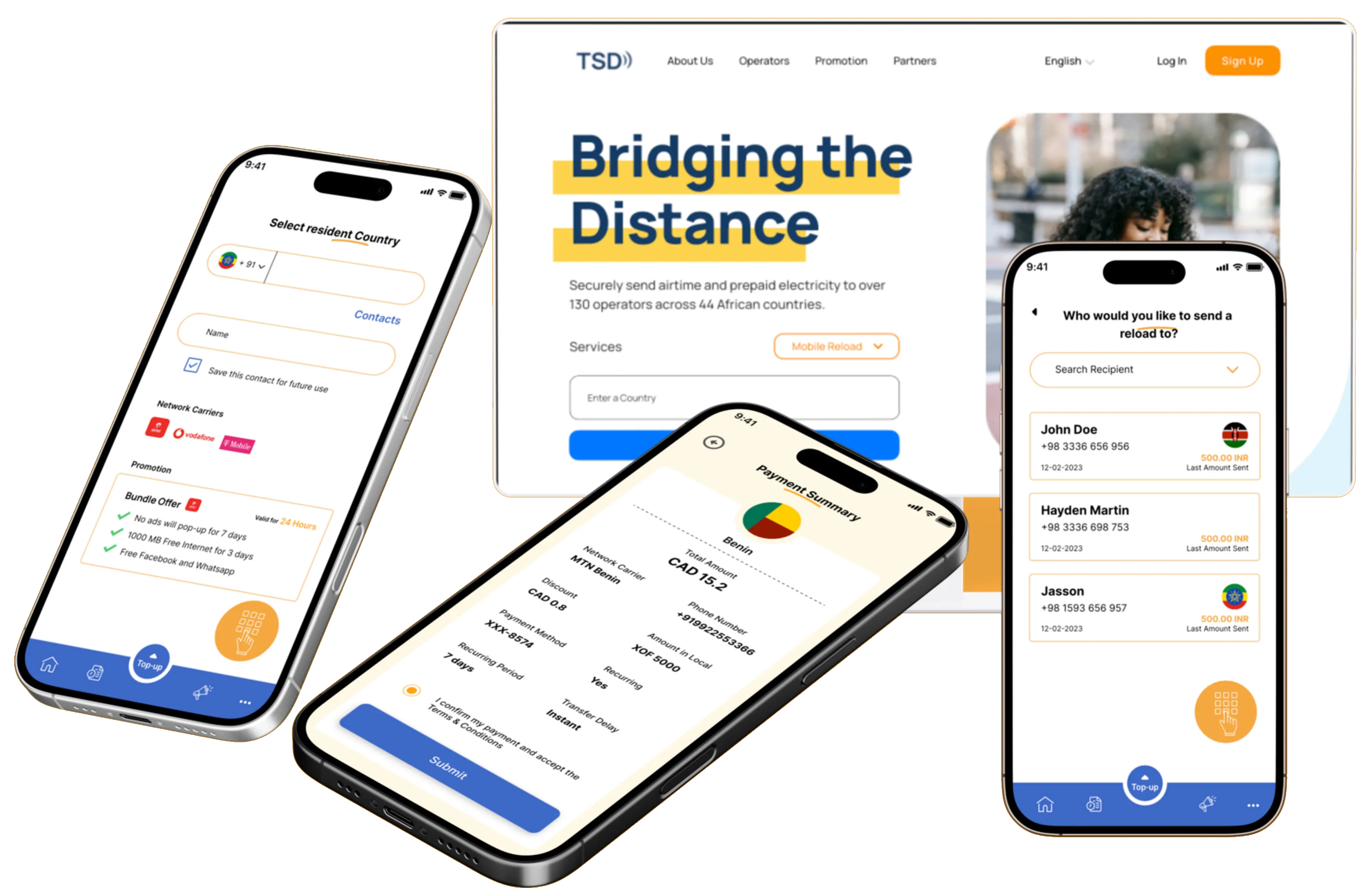 TSD / Bridging the Distance - laptop + three phones showing top-up flows