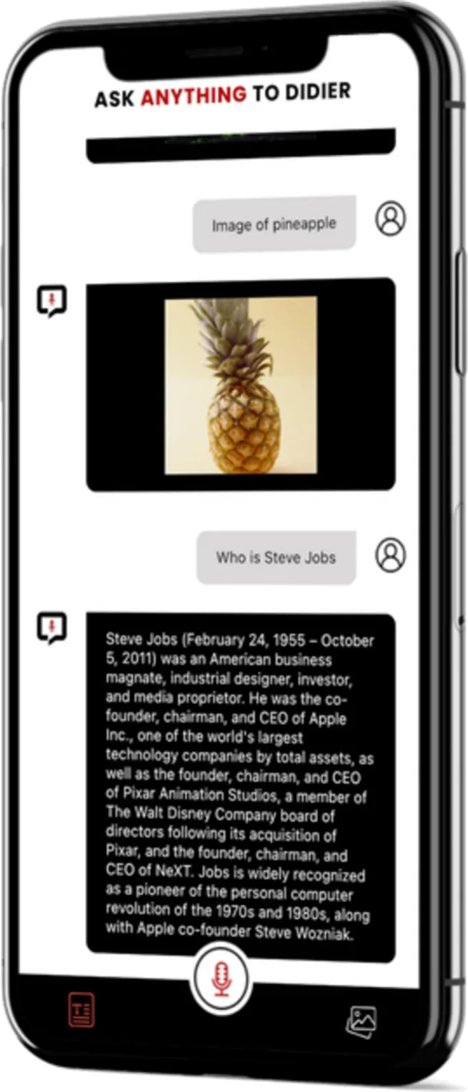 Ask Anything to Didier - text prompt returning a generated image of a pineapple, followed by a Q&A response about Steve Jobs