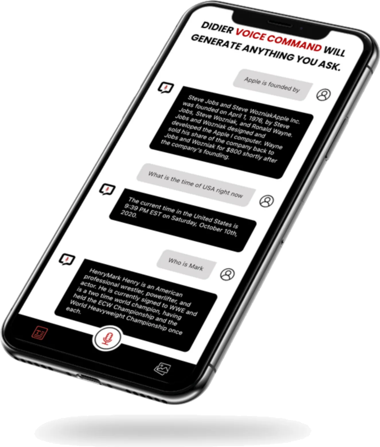 Voice command view with Didier answering who founded Apple, current USA time, and who Mark Henry is