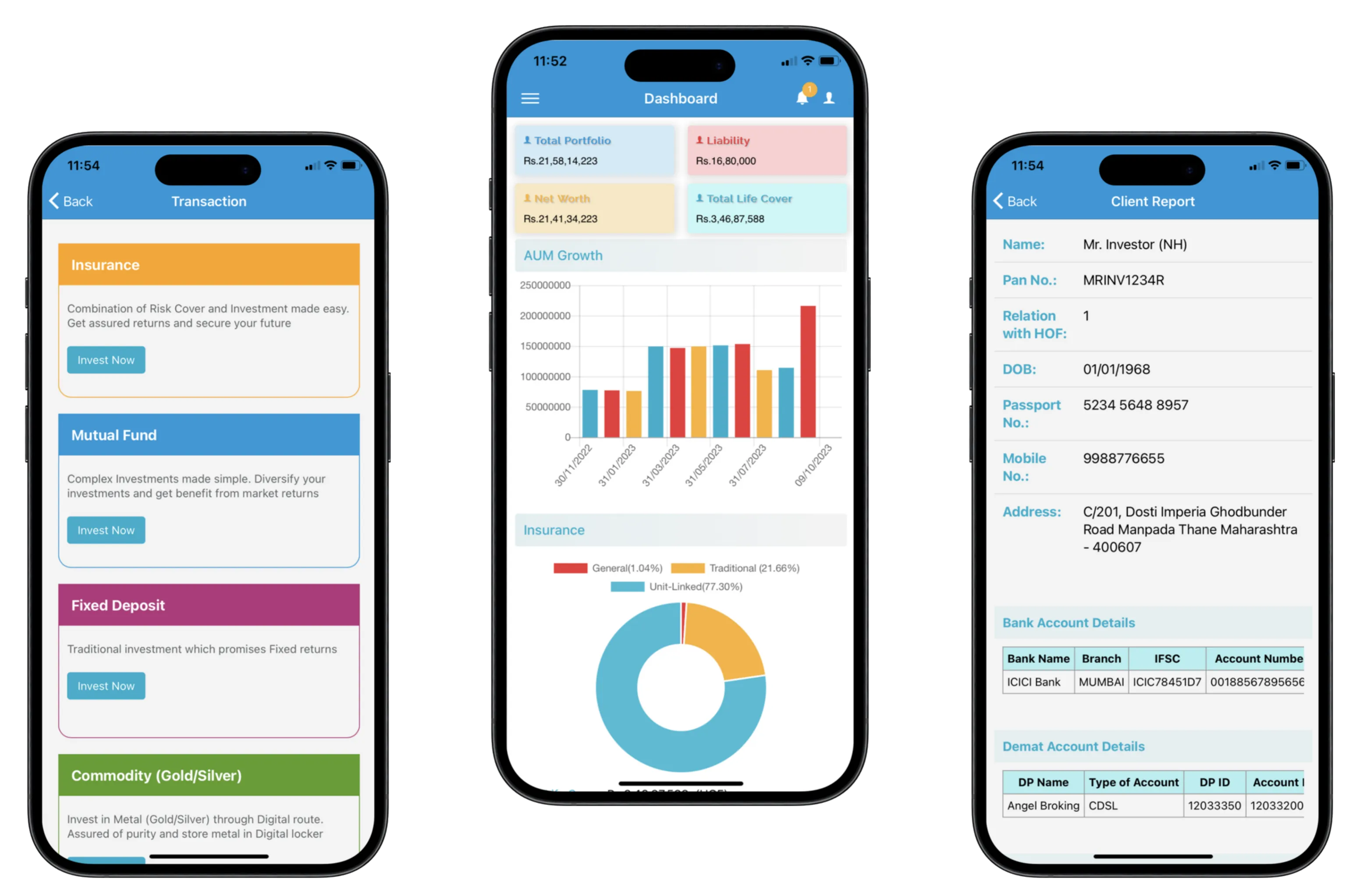Dashboard, equity report, client report, and transaction list screens