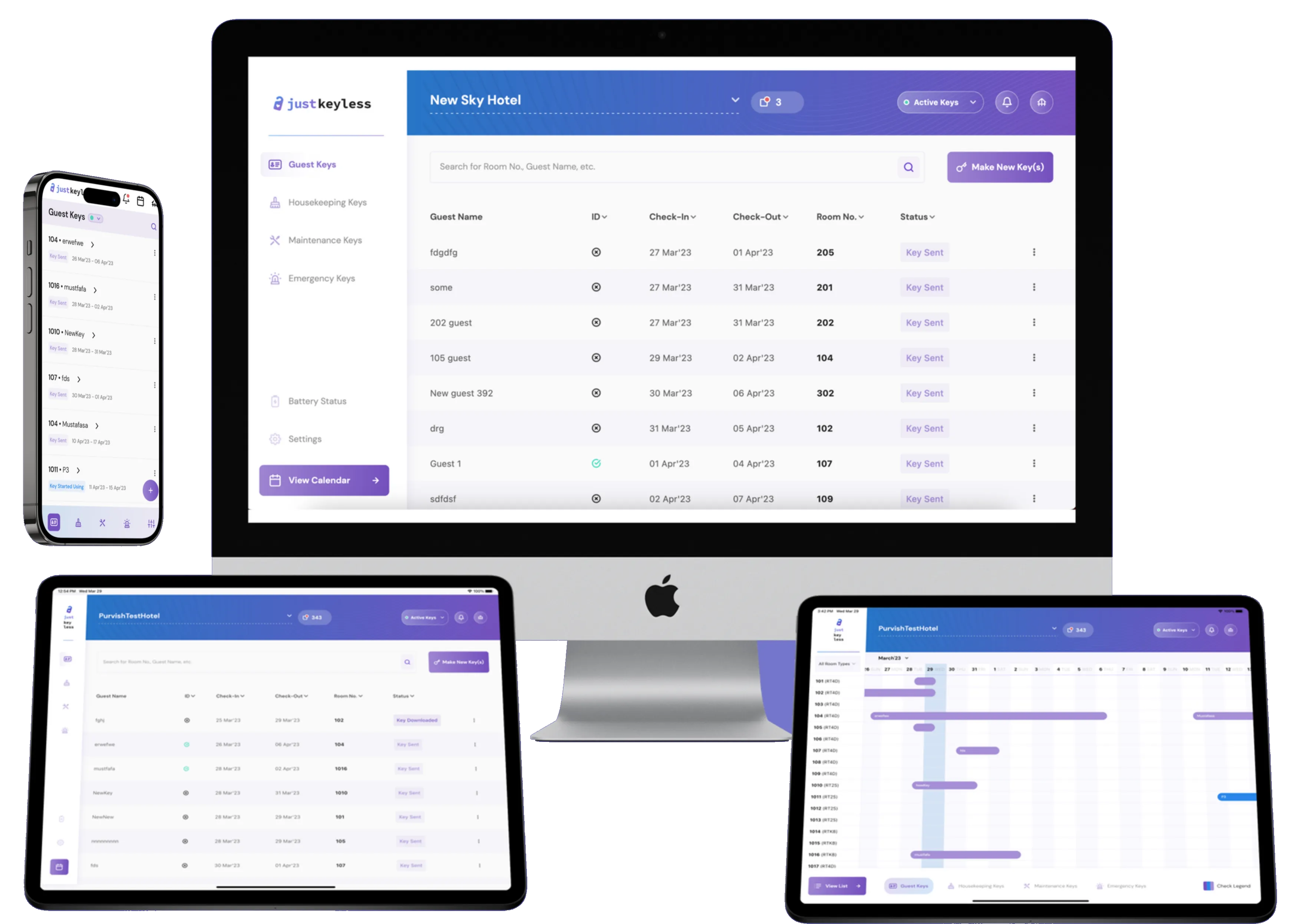 JustKeyLess - iMac dashboard, iPhone guest app, and iPad calendar grid