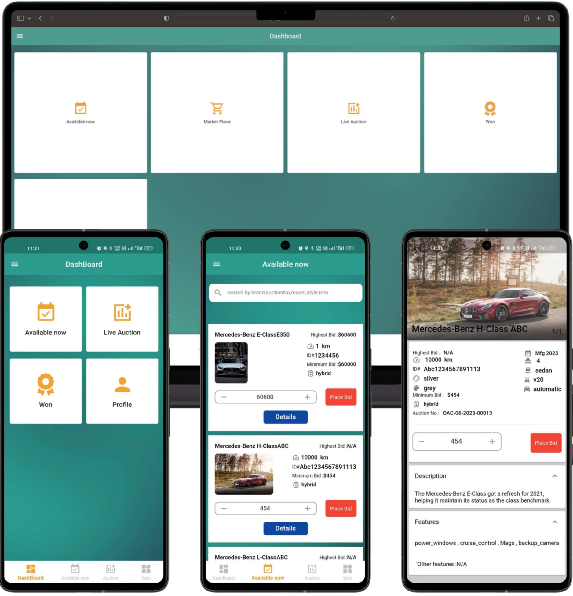 Buyer app screens - dashboard, live auction with 30s countdown, and won-bids list - with admin laptop views