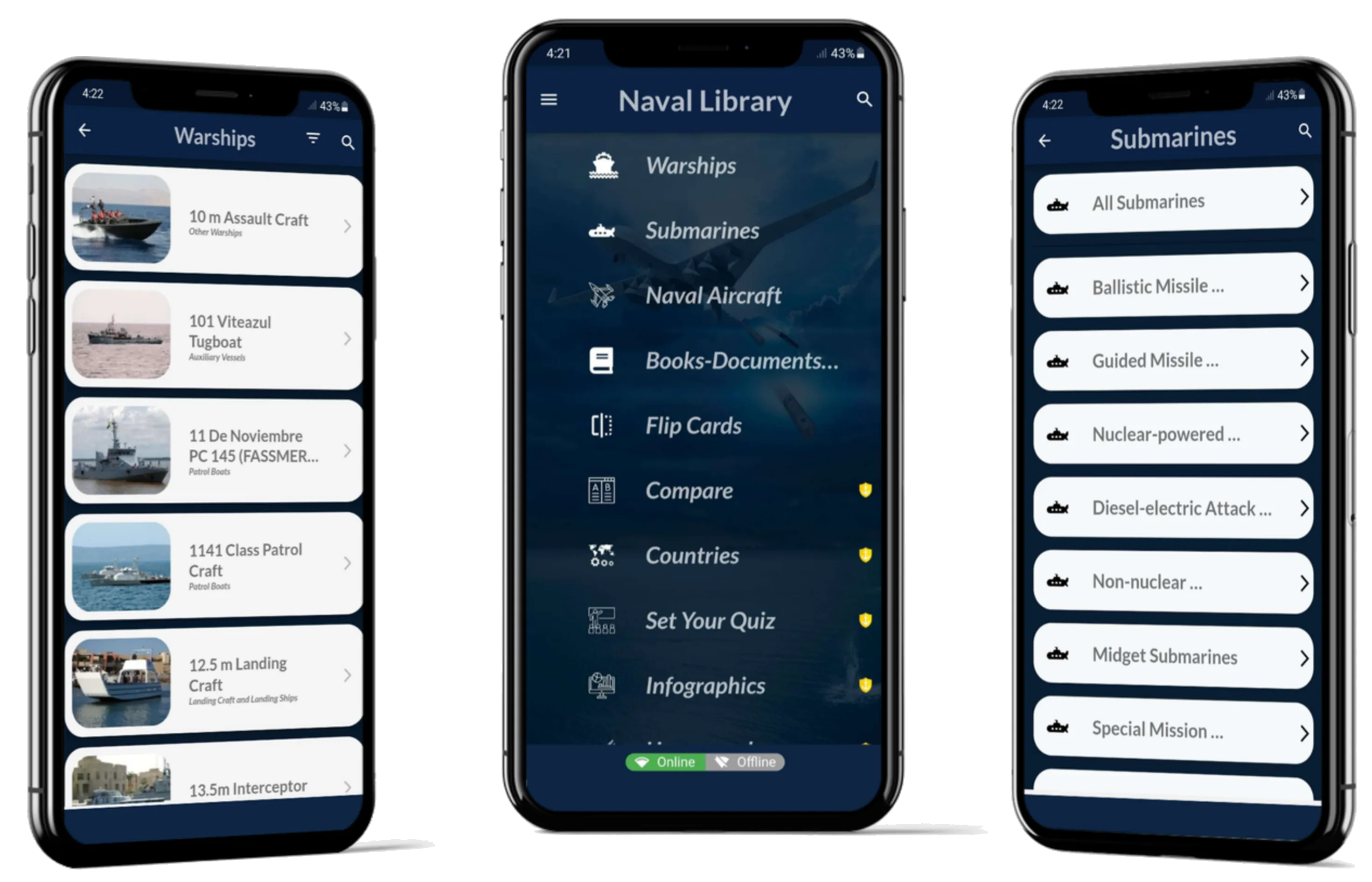 Case-study page with main menu, warships, and submarines screens