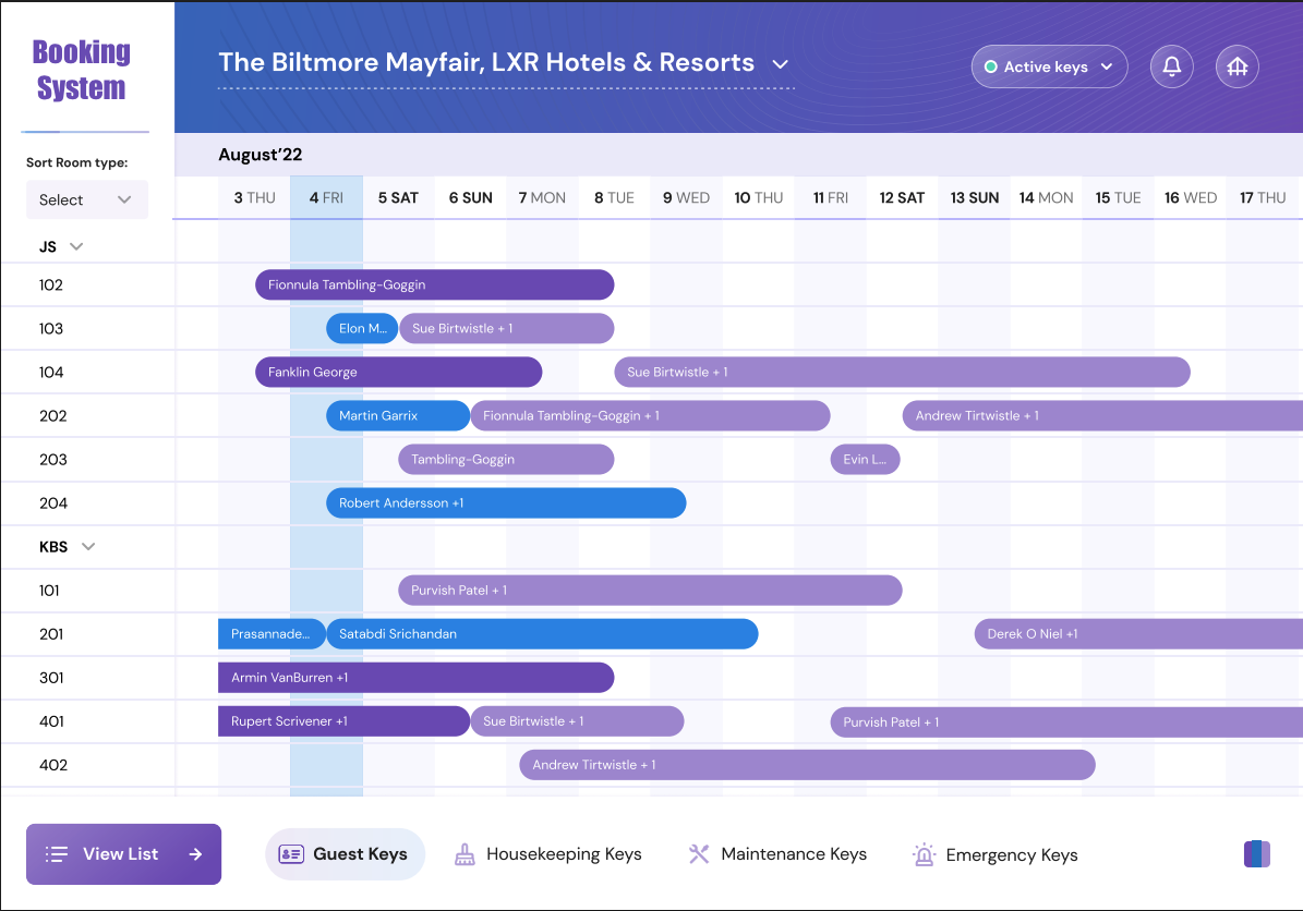 Hotel booking system — calendar of room reservations across rooms and dates