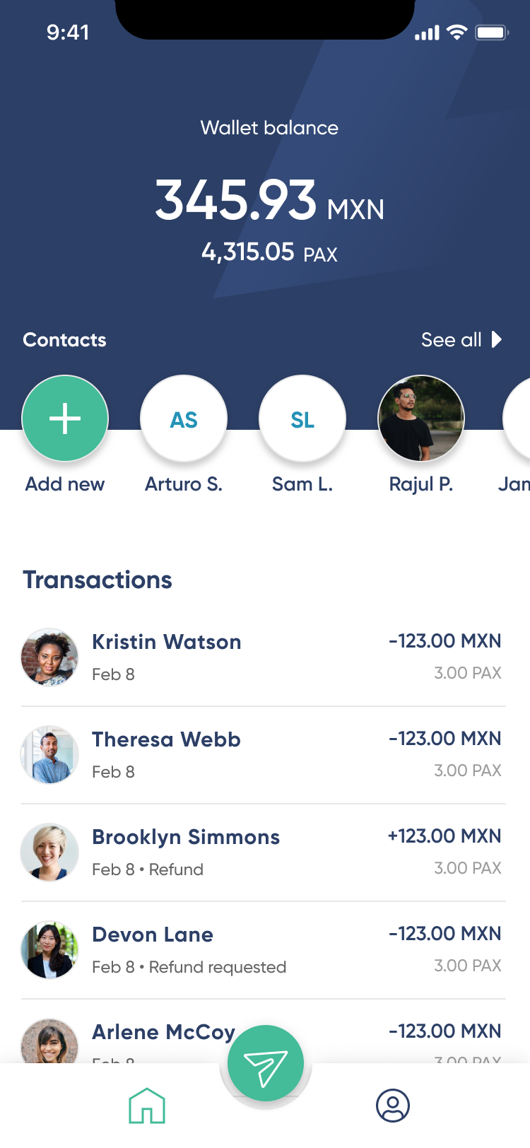 Mobile wallet app — balance, contacts, and transaction list